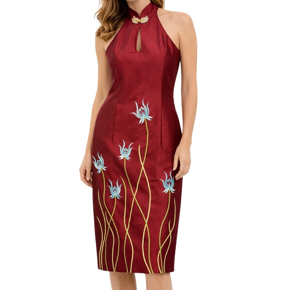 *NWT* Carven Jense Halter Dress Women Large Burgundy Floral Embroidered Satin